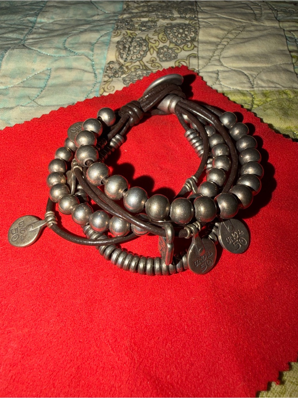 UNO de 50 Brown Leather Multi-Strand Bracelet with Silver Beads